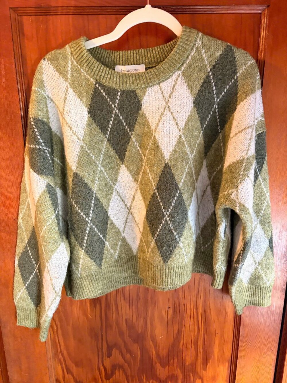 Stradivarius Green Argyle Knit Oversized Cropped Sweater - Size Small